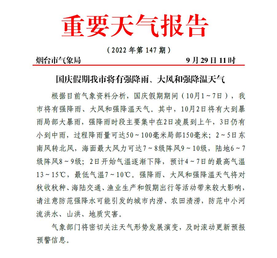 煙臺市防汛抗旱指揮部發布關于啟動防汛IV級預警的通知