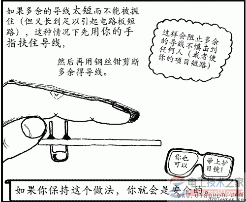 手指扶住導線，然后再用鋼絲鉗剪斷多余得導線